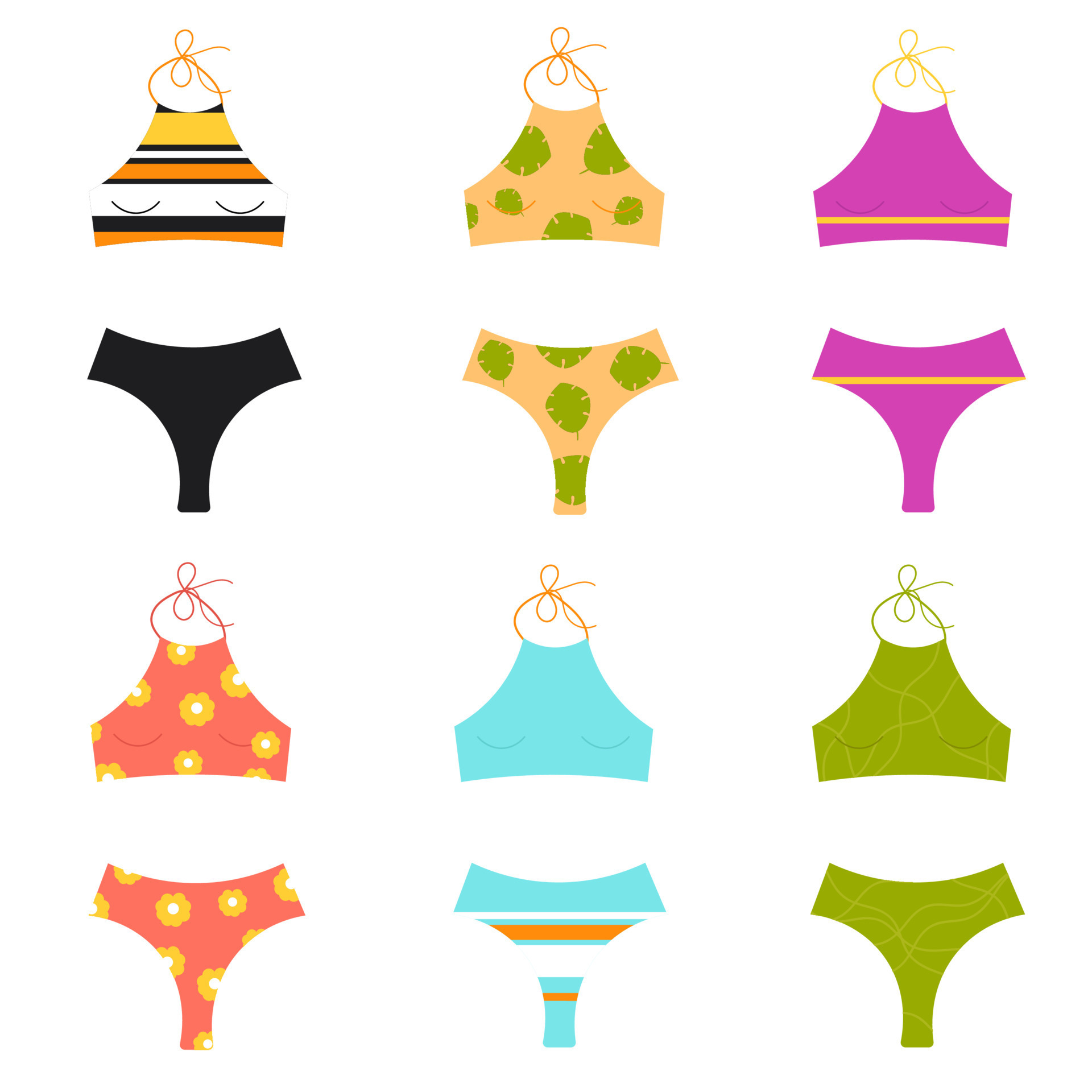 Women's swimsuits in different colors and patterns. Isolated on white