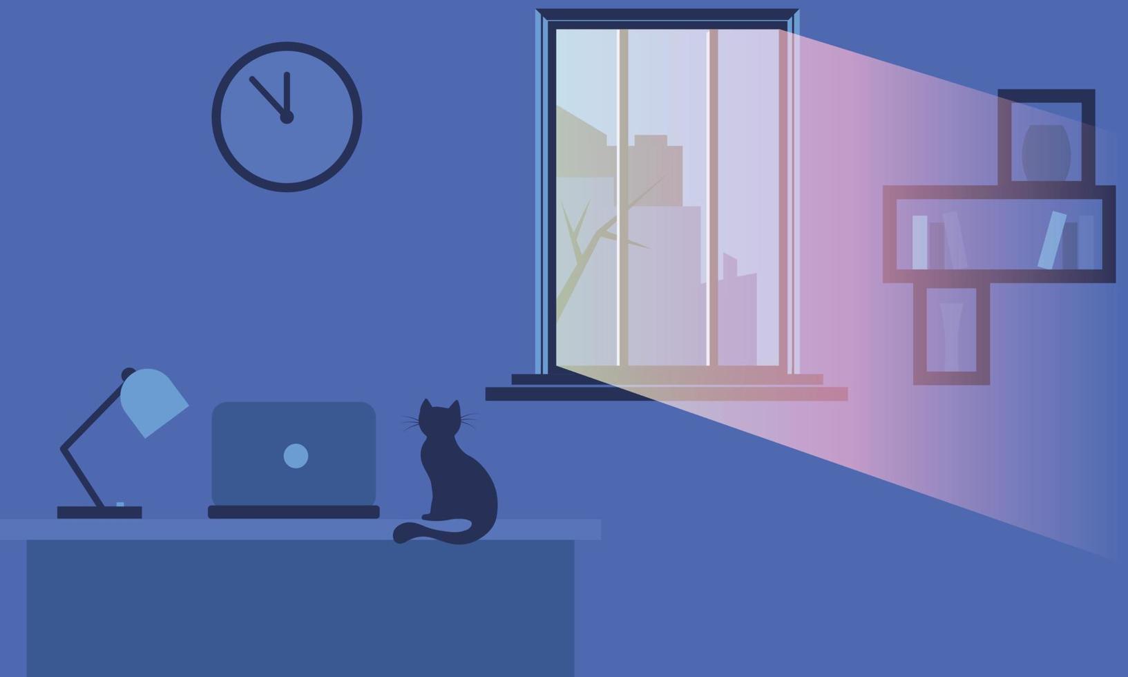 Night window ray of light with a cat sitting on the table with a laptop. vector