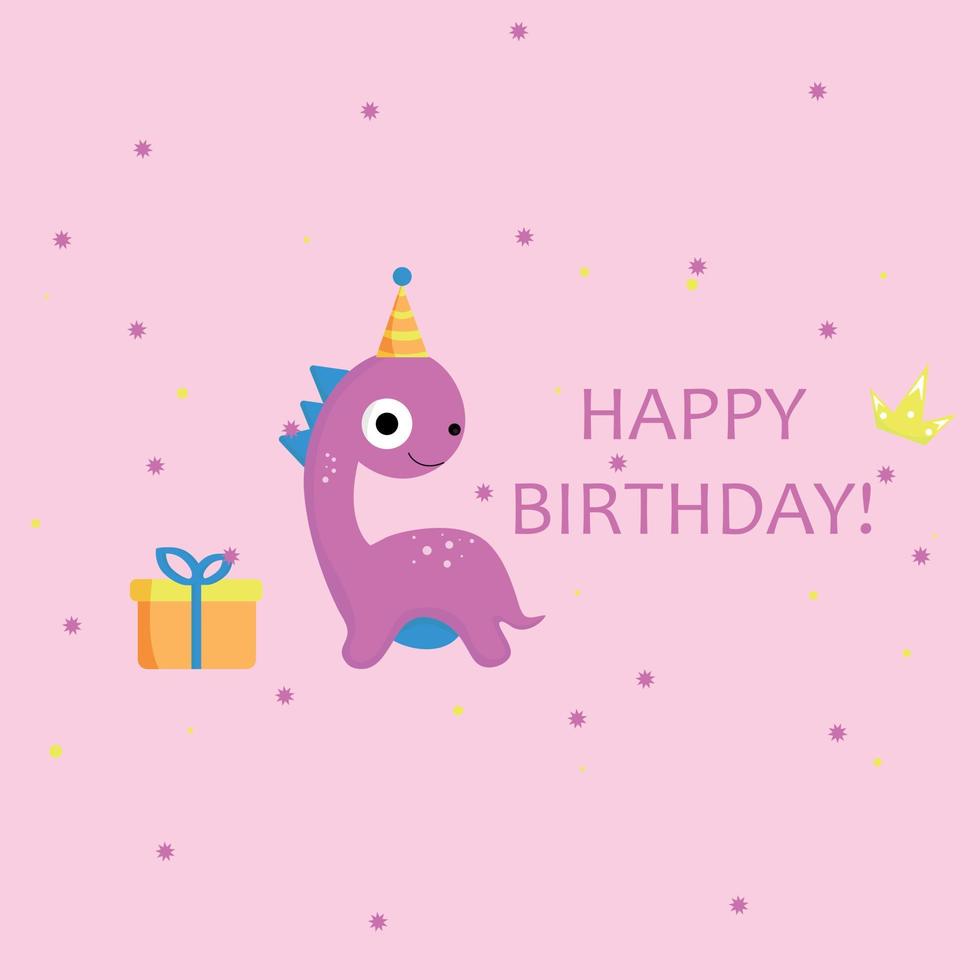 tarjeta de cumpleaños con un dinosaurio. dinosaurio en rosa con regalo y gorra. vector