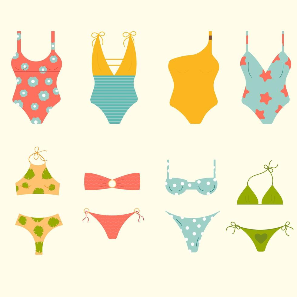 Set of women's different swimsuits, isolated against the background. Swimsuit or bikini vector