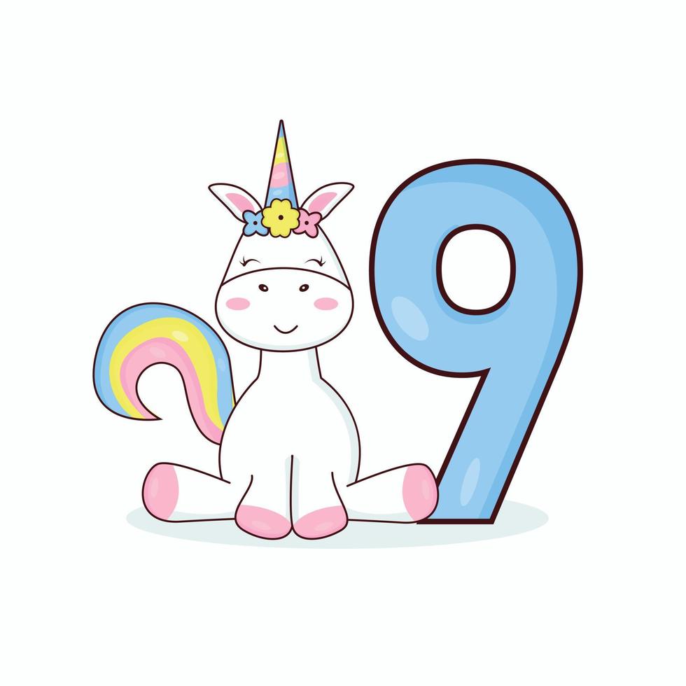 Postcard with a unicorn for 9 years vector