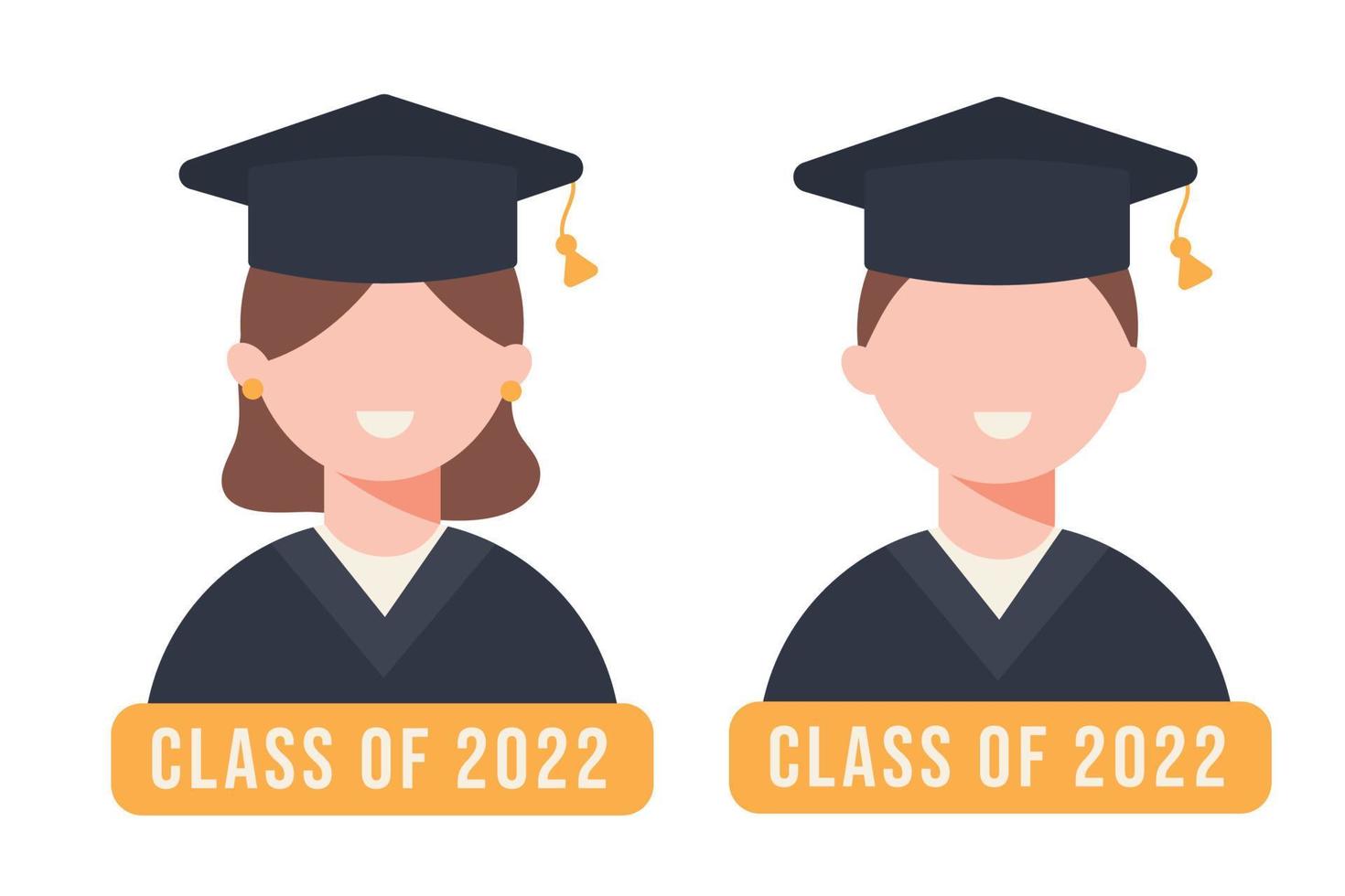 A student smiles on graduation day. Class of 2022. Man and woman in flat style. Vector illustration.