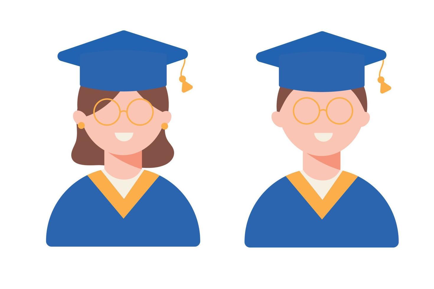 A student with glasses in a blue gown smiles on graduation day. Man and woman in flat style. Vector illustration.