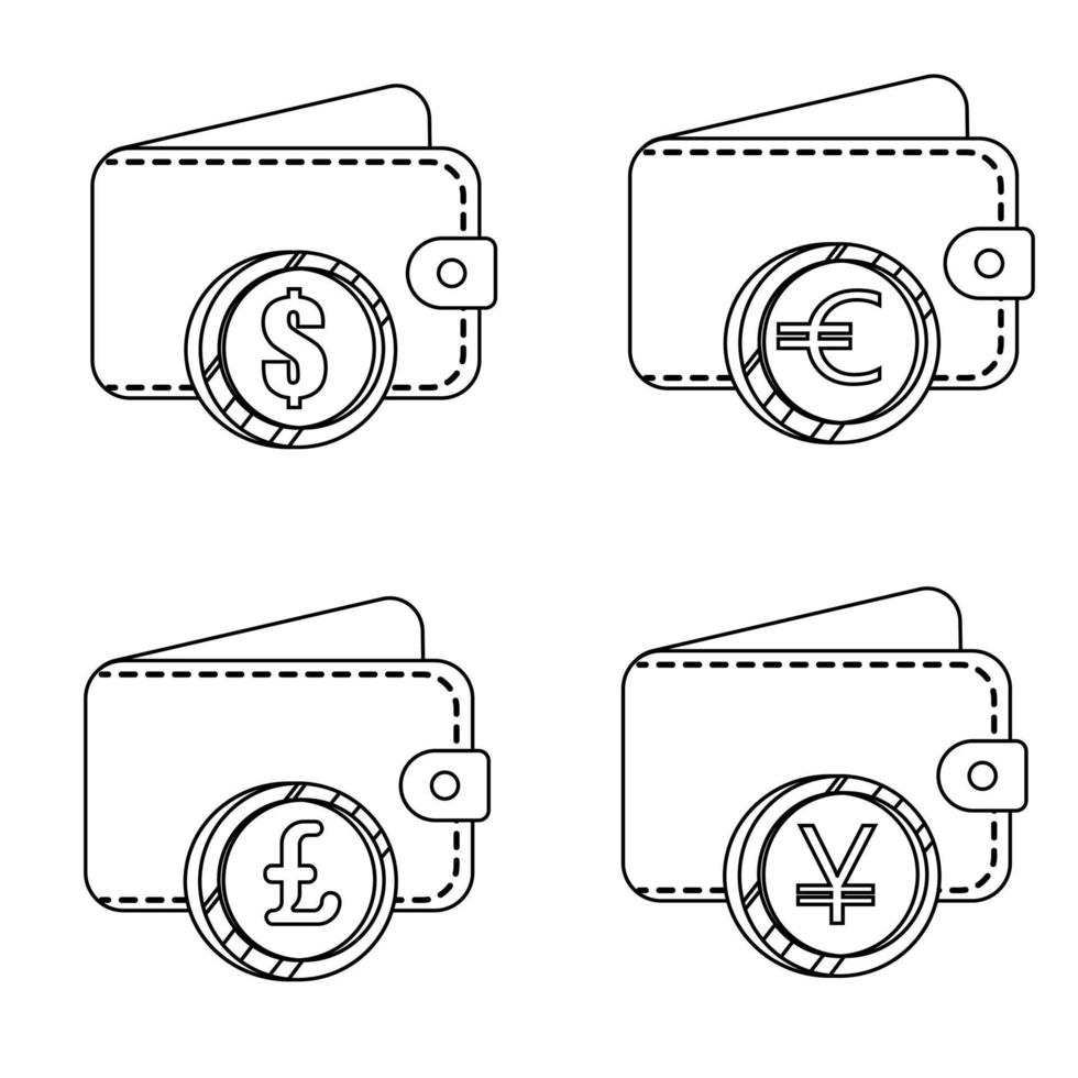 Leather wallet with dollar, euro, pound, yen coins in line style. Isolated on white background. Vector illustration.