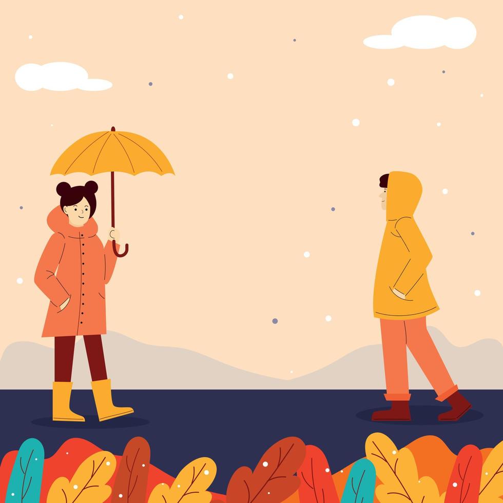 otoño. encuentro, un paseo chico y chica. la niña bajo los paraguas. chico, chica de rojo, naranja, amarillo. vector