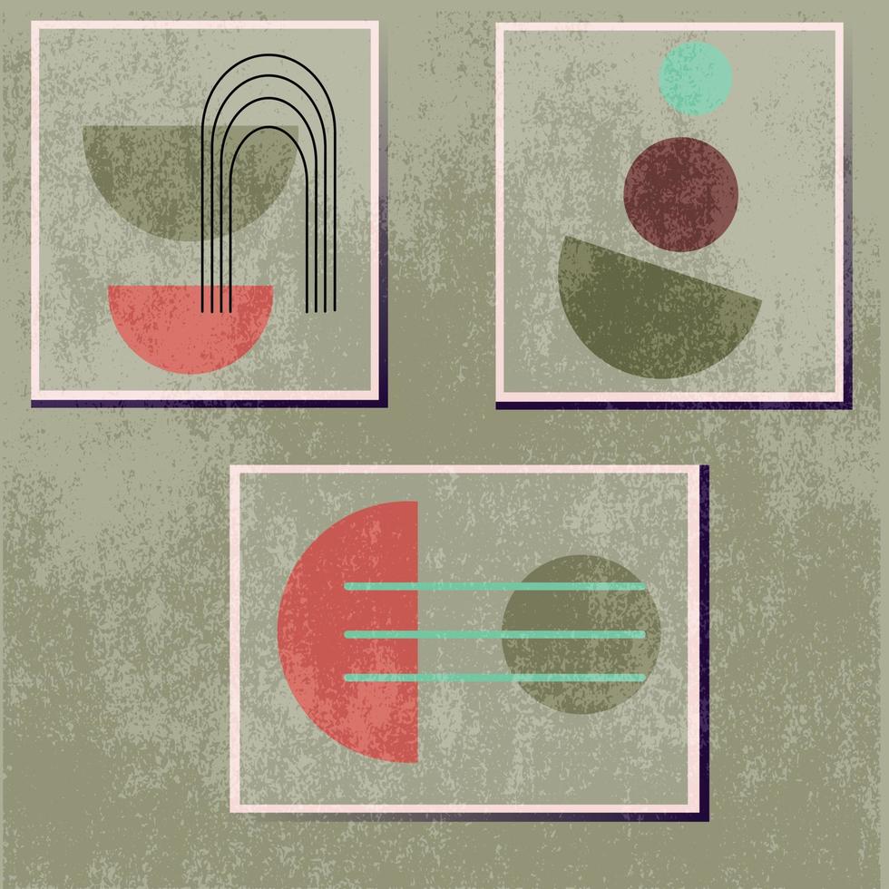 Modern abstract geometric poster with grunge texture on grey background. Circle, oval, lines, rainbow. vector