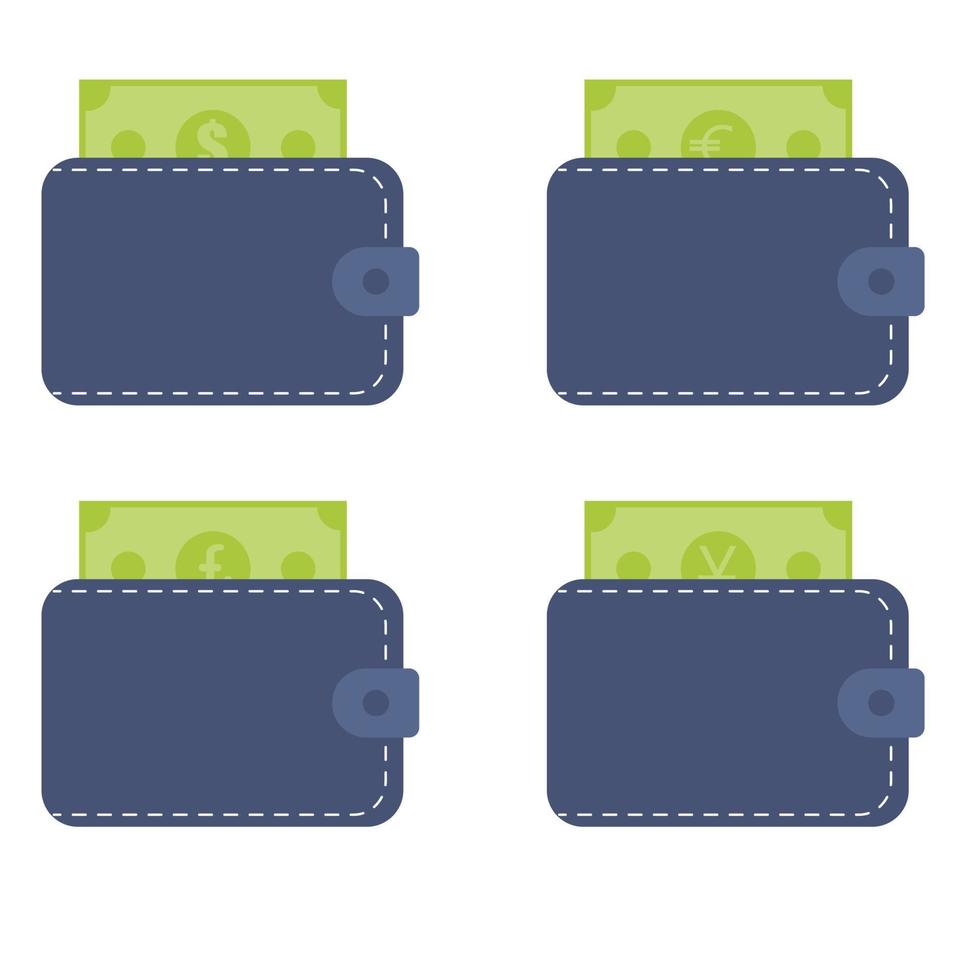 Set of leather wallets with money dollar, euro, pound, yen. Isolated on white background. Vector illustration.