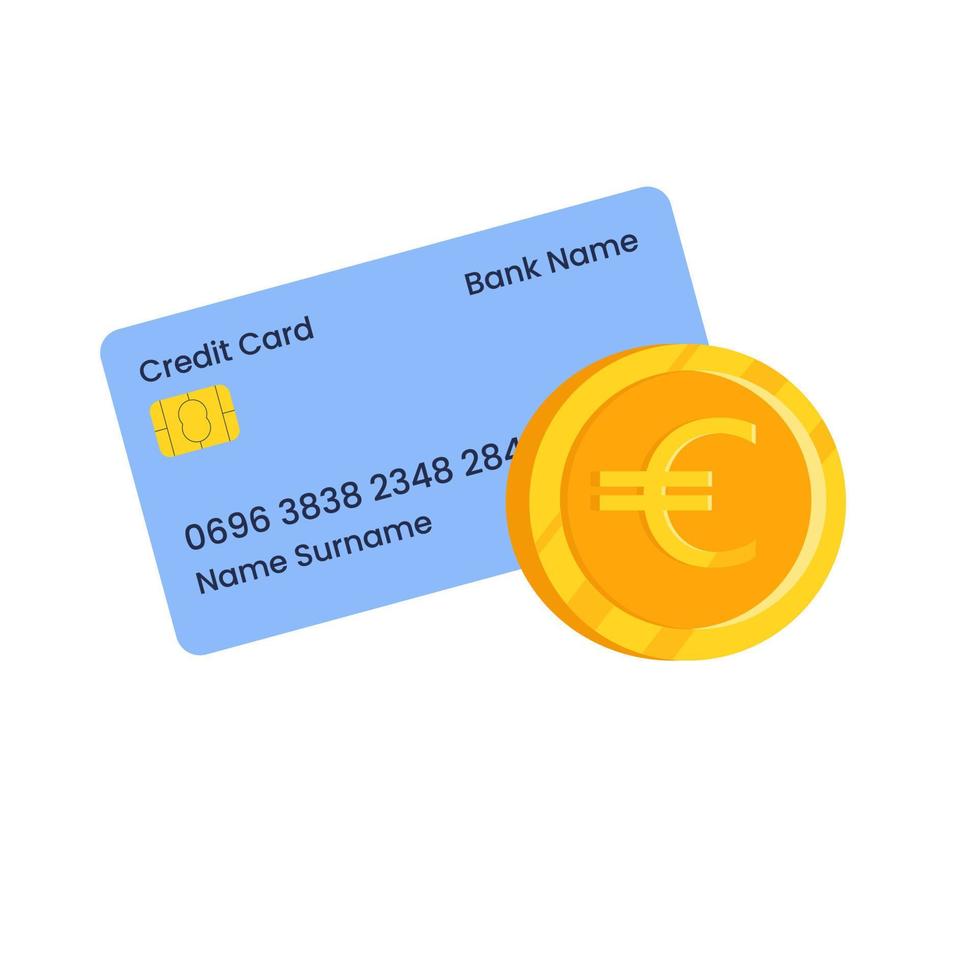 Credit card with euro coin. Credit card payment, business concept. Vector flat illustration.