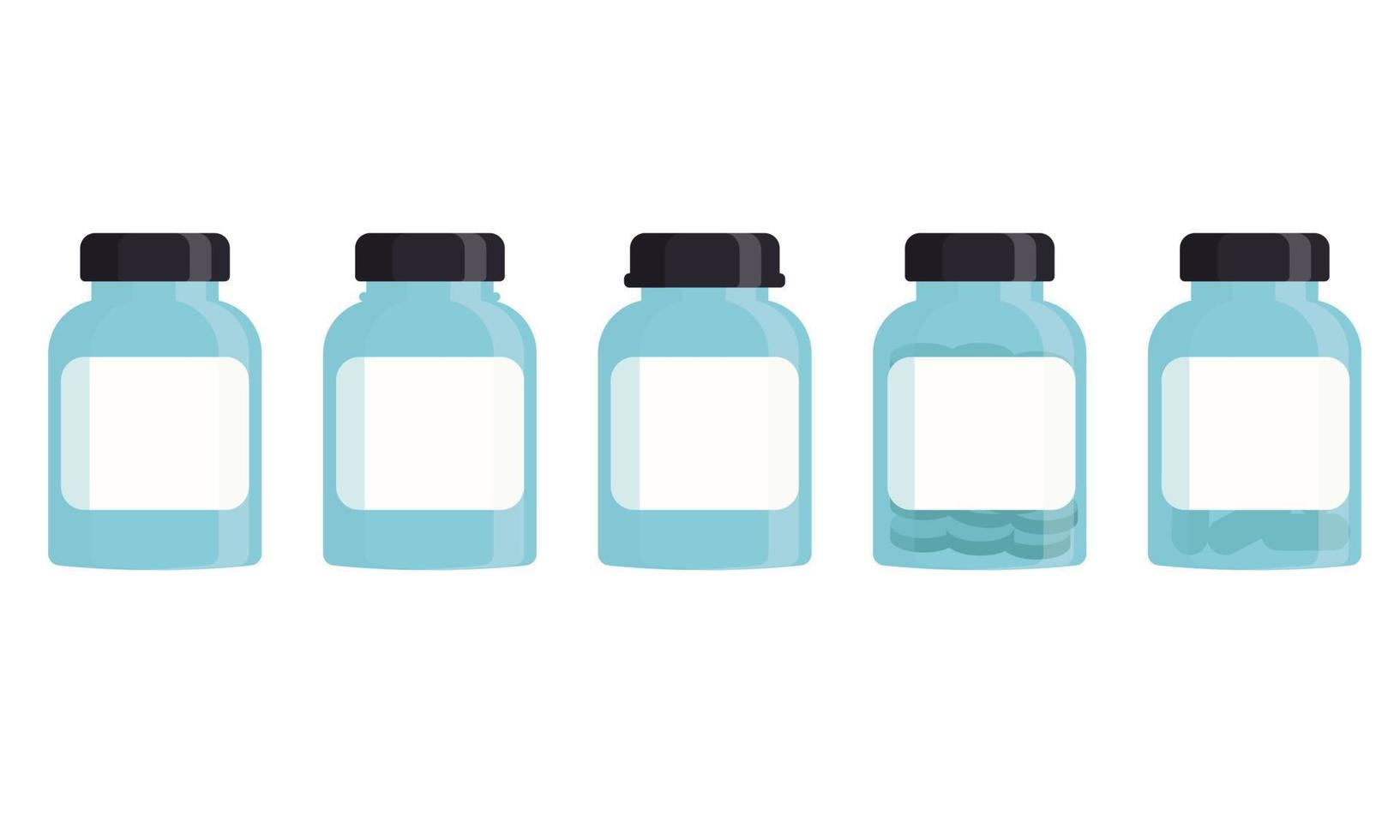 Set of medical blue bottles with label. Flat vector illustration