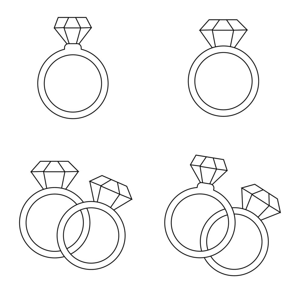 Set of vector cute line style engagement rings. Colored isolated ring on white background