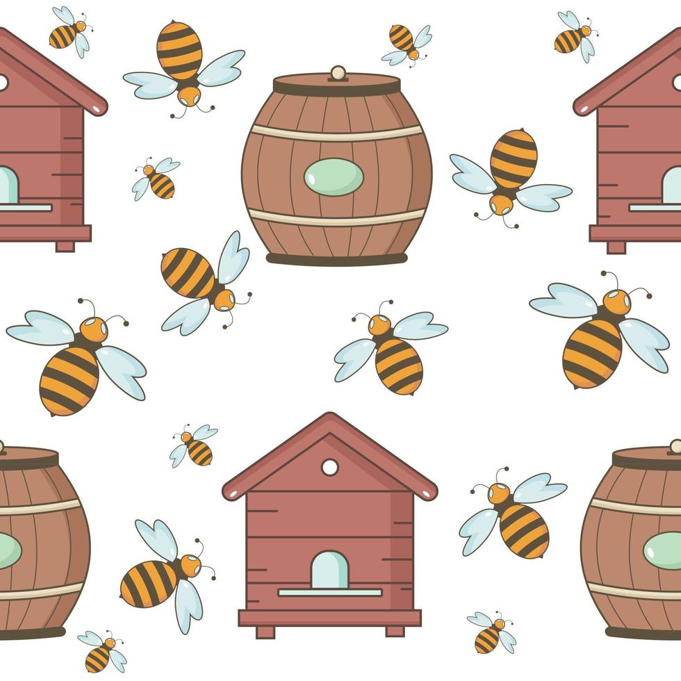 Seamless pattern with honey theme, bees, bee house, clues vector