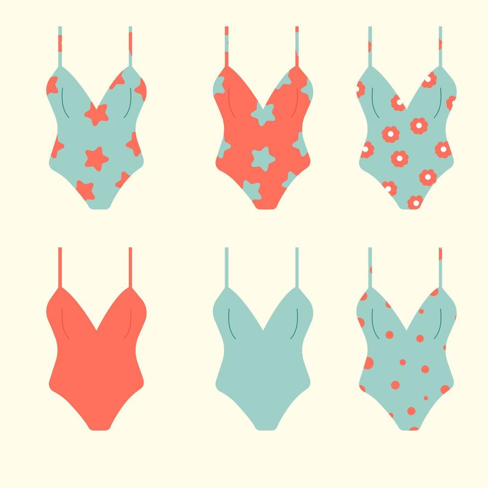 Women's swimsuits in different colors and patterns. Isolated on the background. Vector illustration.
