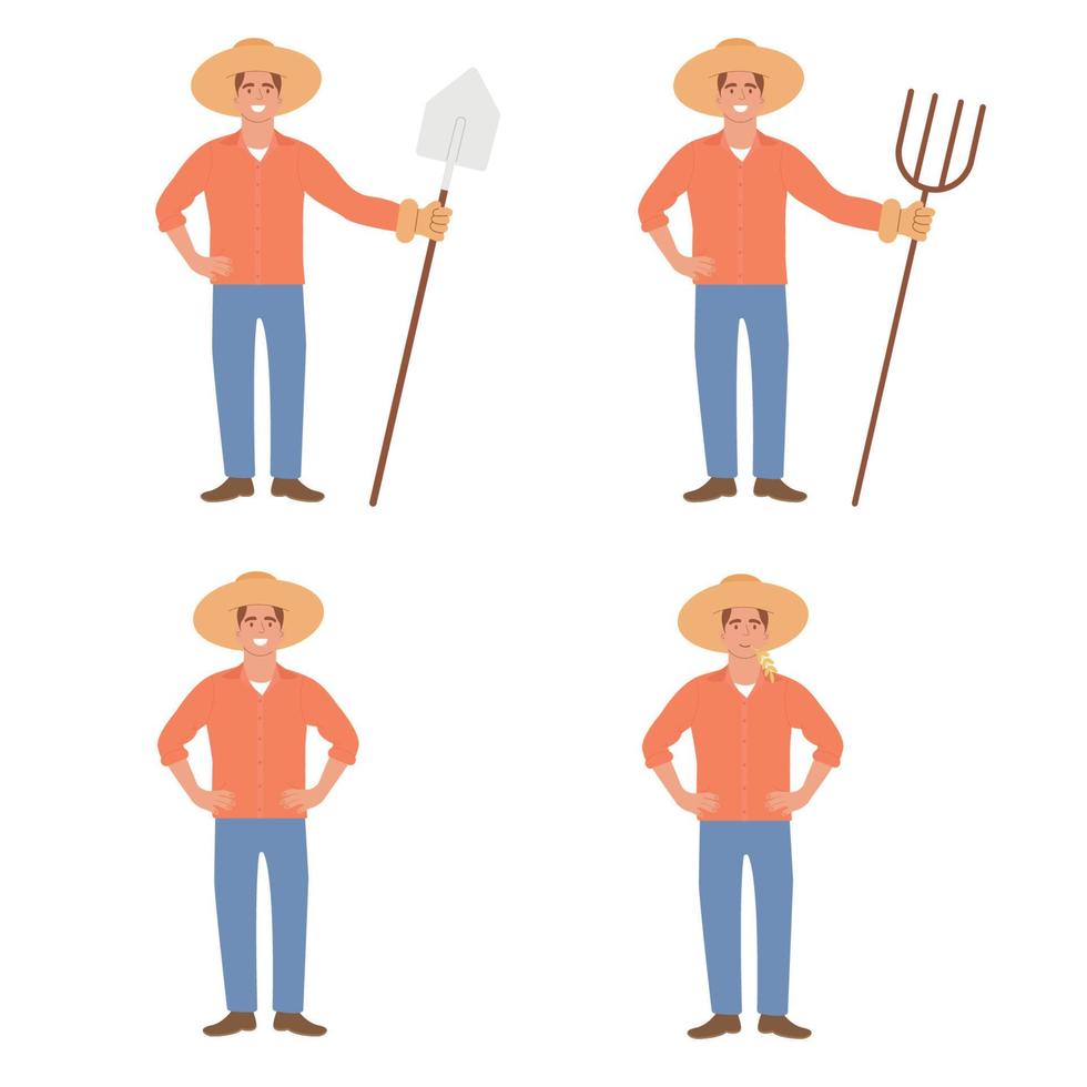 Man farmer with shovel, pitchfork. Vector illustration