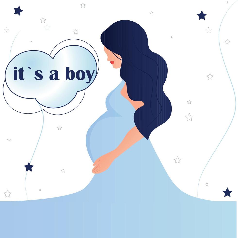 Pregnant brunette girl in a blue dress.  Profile or portrait of a pregnant woman. Child. This is a boy. Holiday. Mothers Day. Postcard. Minimalism. Poster. And baby shower vector