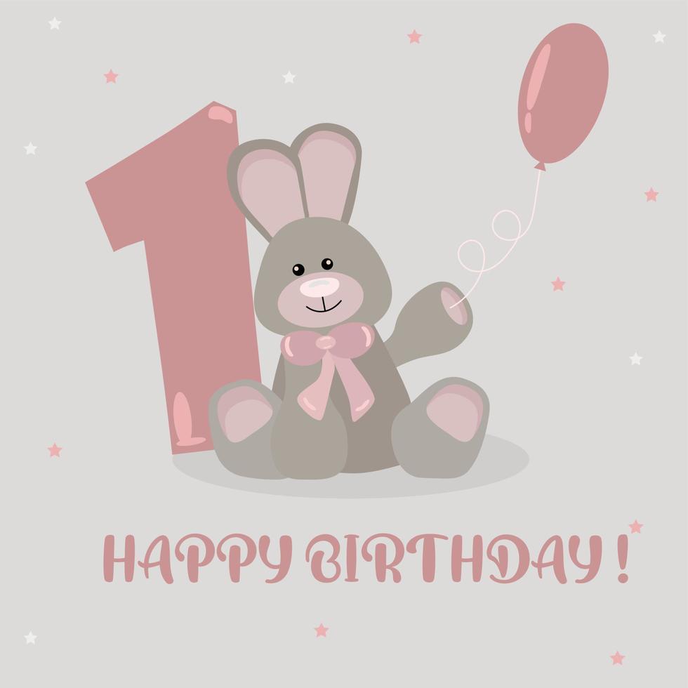 Birthday card. Hare, rabbit. 1 year old child. Birthday Poster. Banner. Bunny with a balloon. Print.  Happy Birthday baby. Baby toys vector