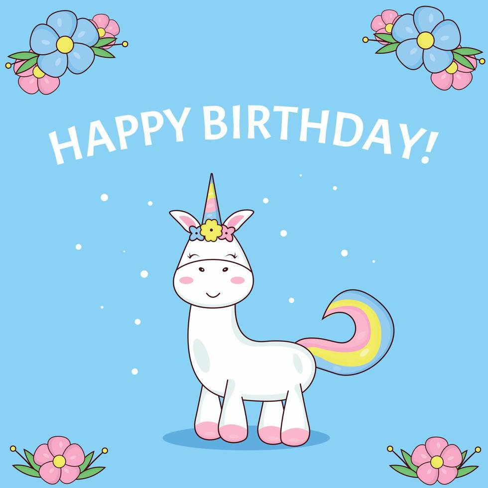 tarjeta de cumpleaños con unicornio y flores vector
