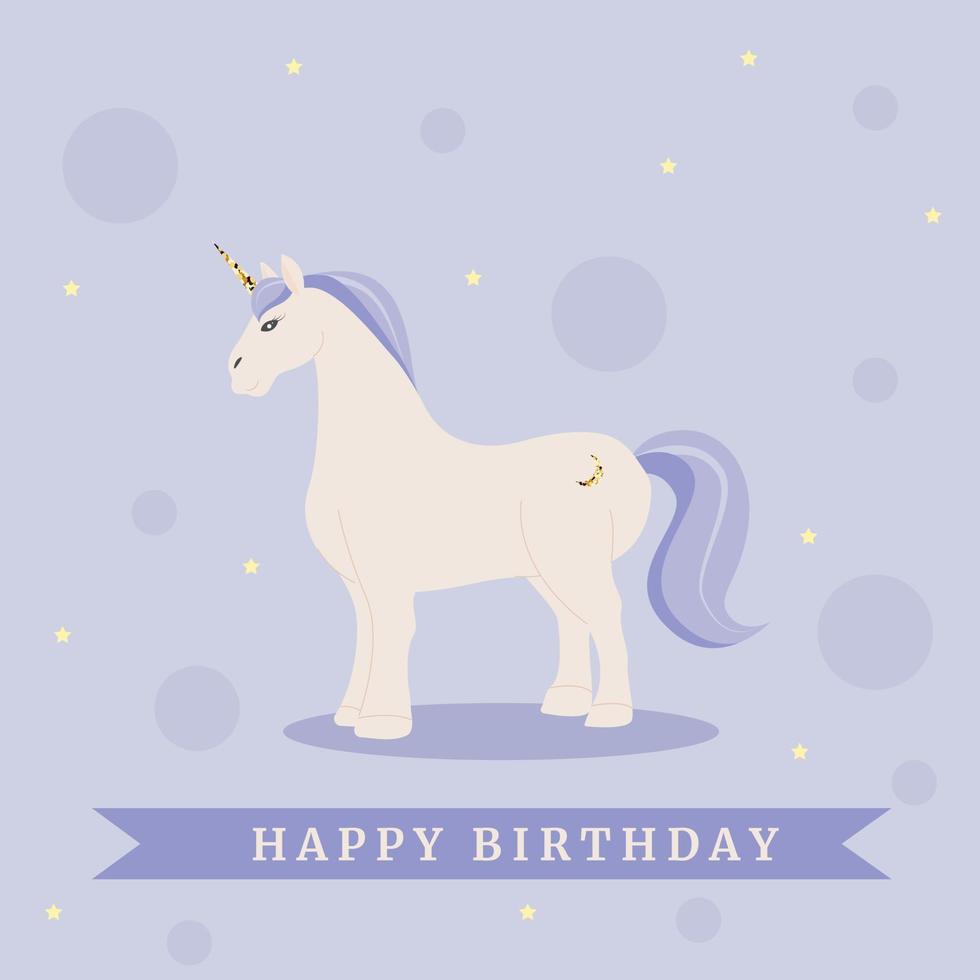 tarjeta de cumpleaños de unicornio en violeta claro vector