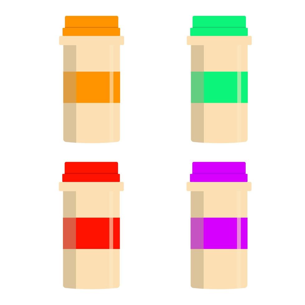 Set of medical high colored bottles with label . vector