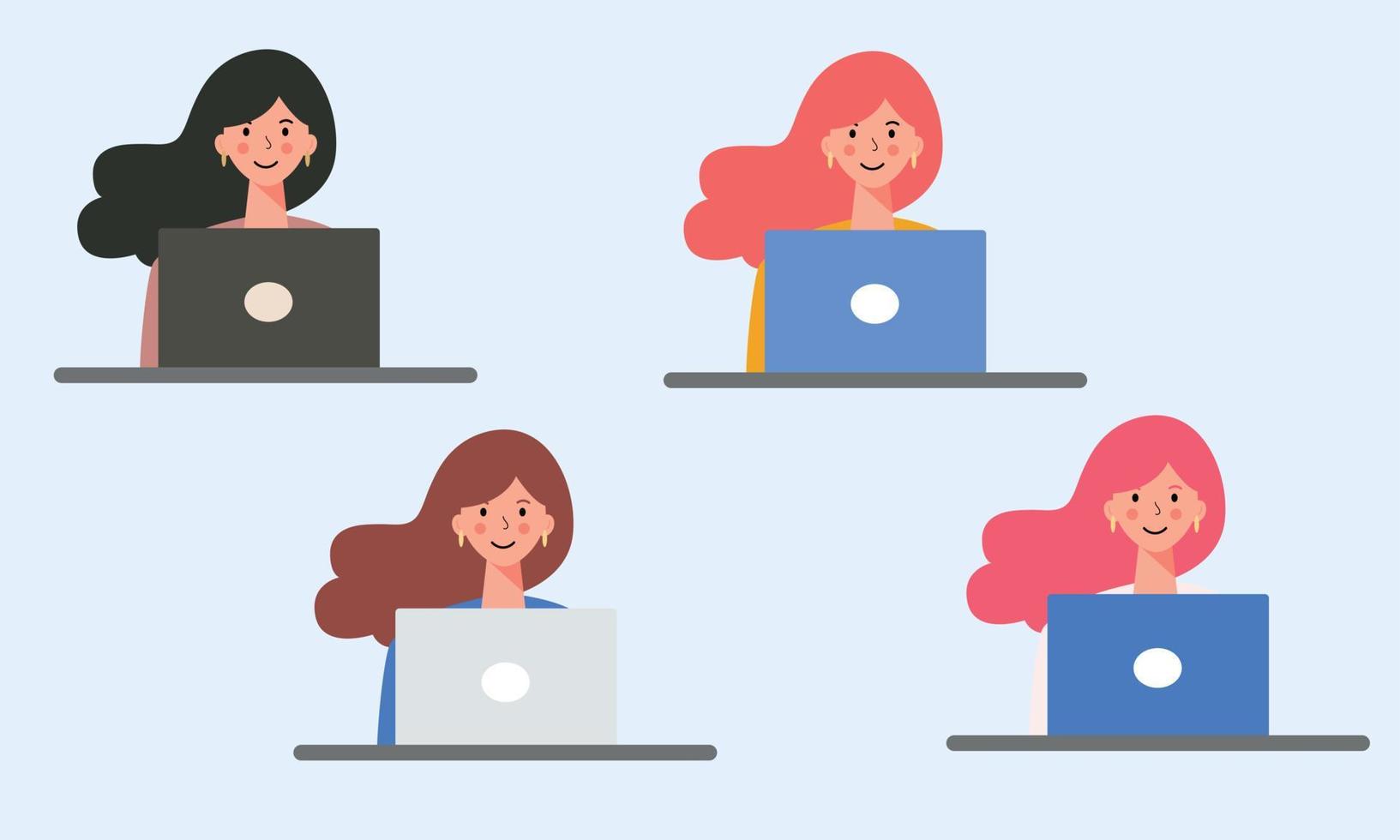 Woman, brunette, brown-haired, redheaded girl sitting at her laptop. Online work, online learning. Set of avatars. vector