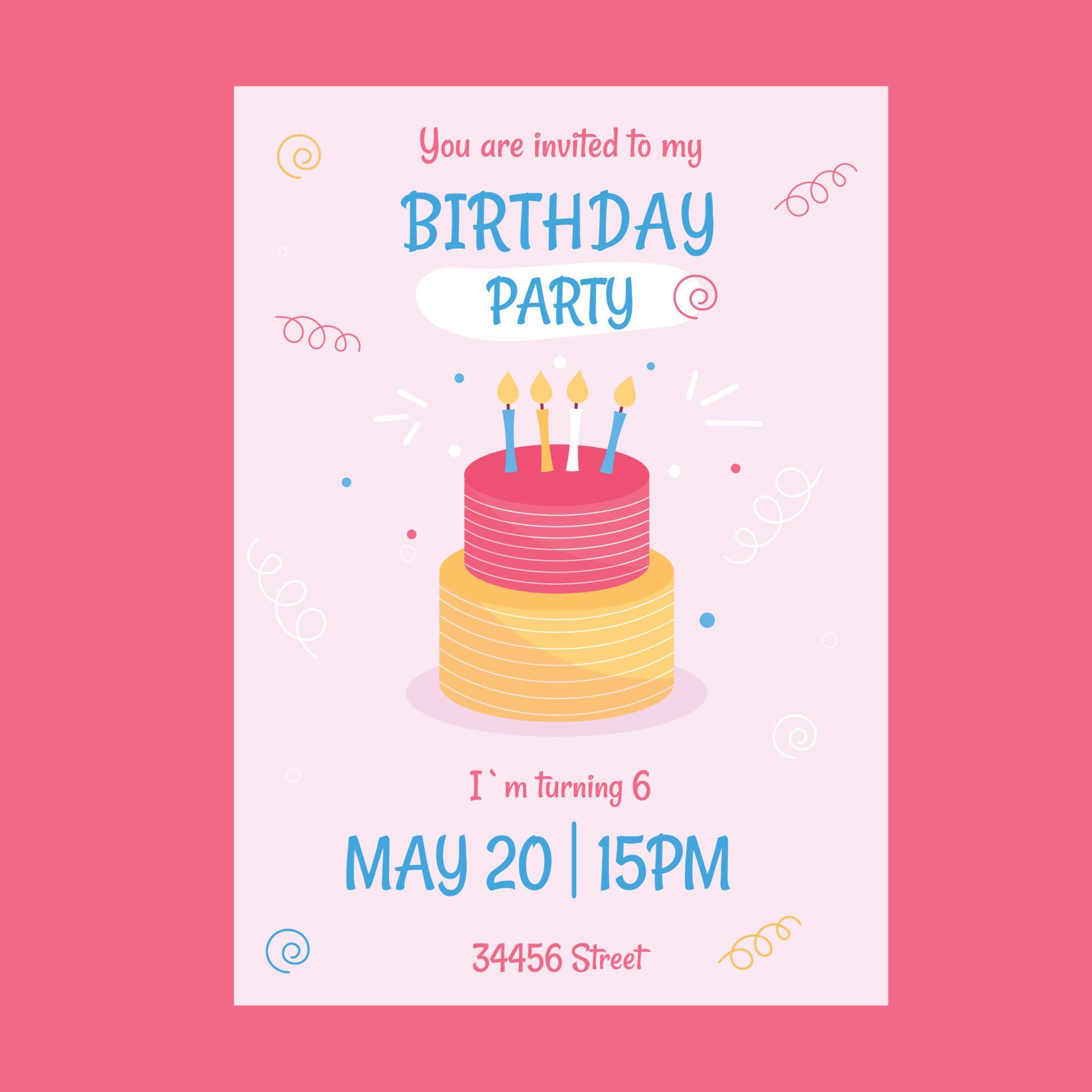 Birthday Invitation For 6 Years Old With Cake. Vector Illustration 