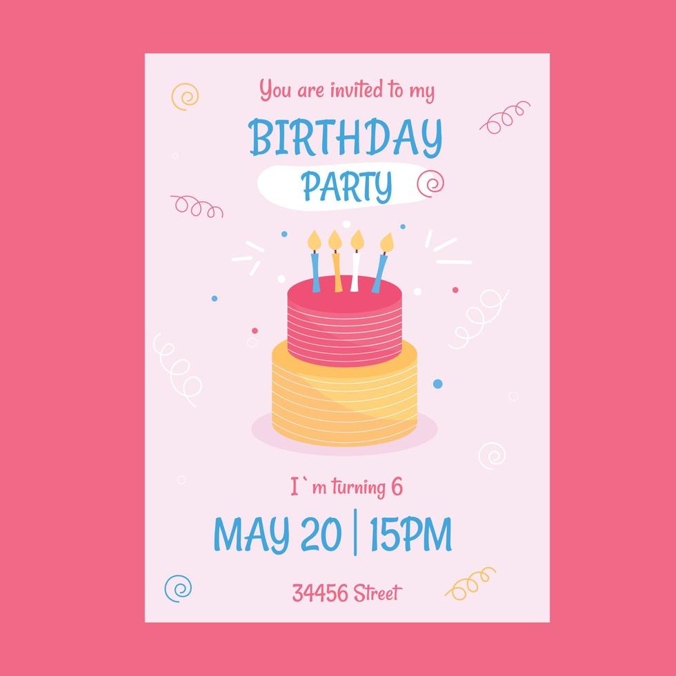 Birthday invitation for 6 years old with cake. Vector illustration