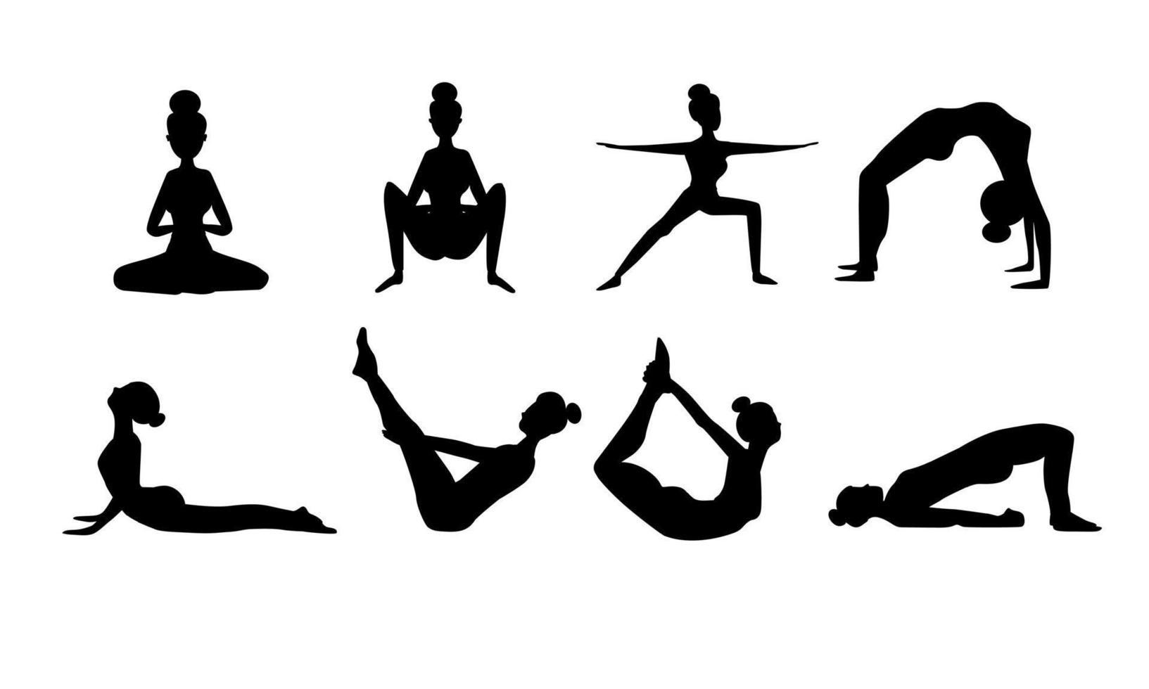 Silhouettes of a slender girl, woman. Yoga exercises for stretching. Figures of a woman doing fitness exercises. A set of yoga poses. vector