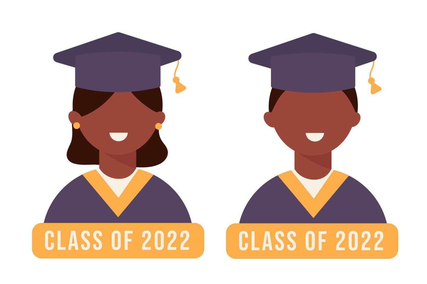 A black student smiles on graduation day. Class of 2022. Man and woman in flat style. Vector illustration.