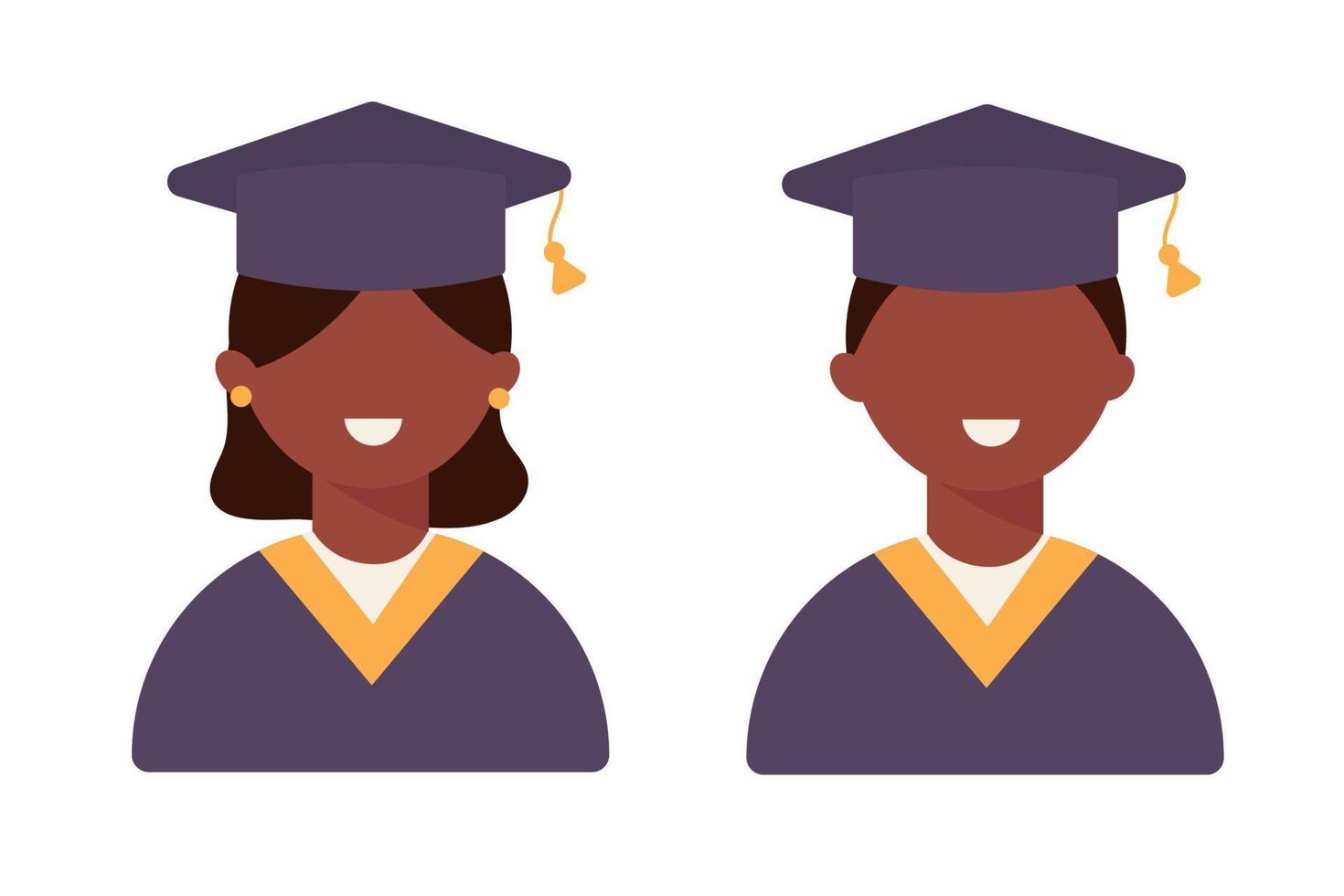 un estudiante sonríe el día de la graduación. hombre y mujer negros en estilo plano. ilustración vectorial vector