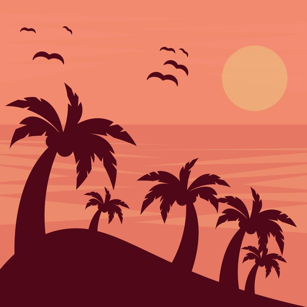 antecedentes de viajes de verano. puesta de sol puesta de sol con palmeras a la sombra y pájaros. ilustración vectorial vector