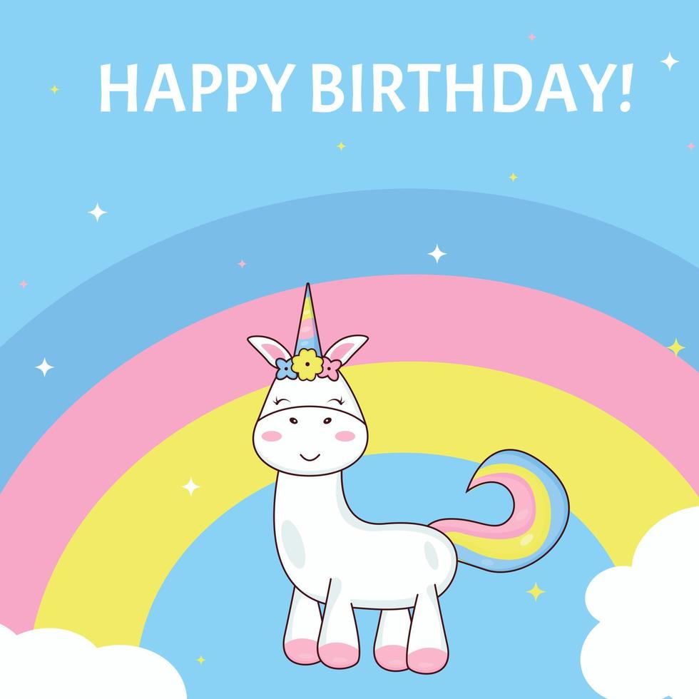 tarjeta de cumpleaños con unicornio en un fondo de arco iris vector