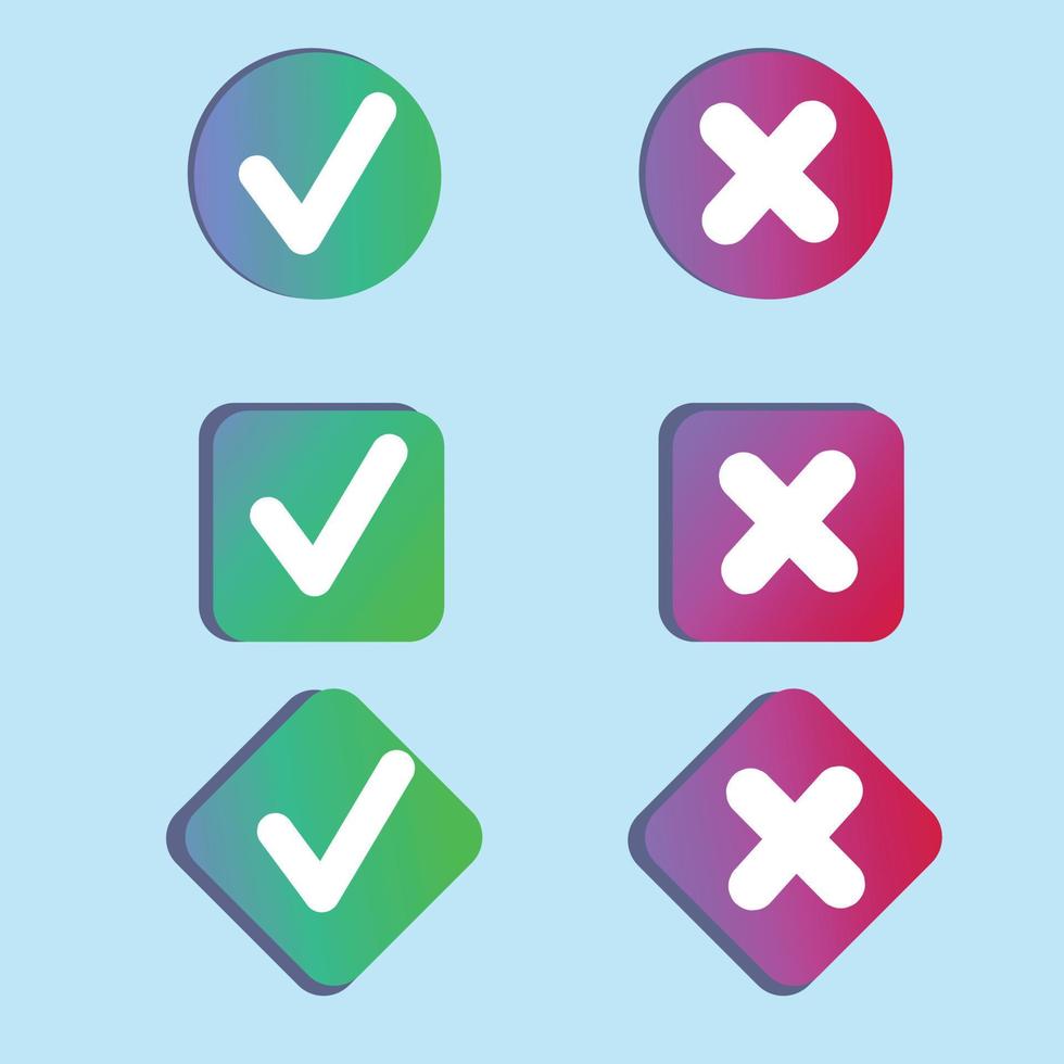 Checkmark and red X icon in green, red gradient colour. vector