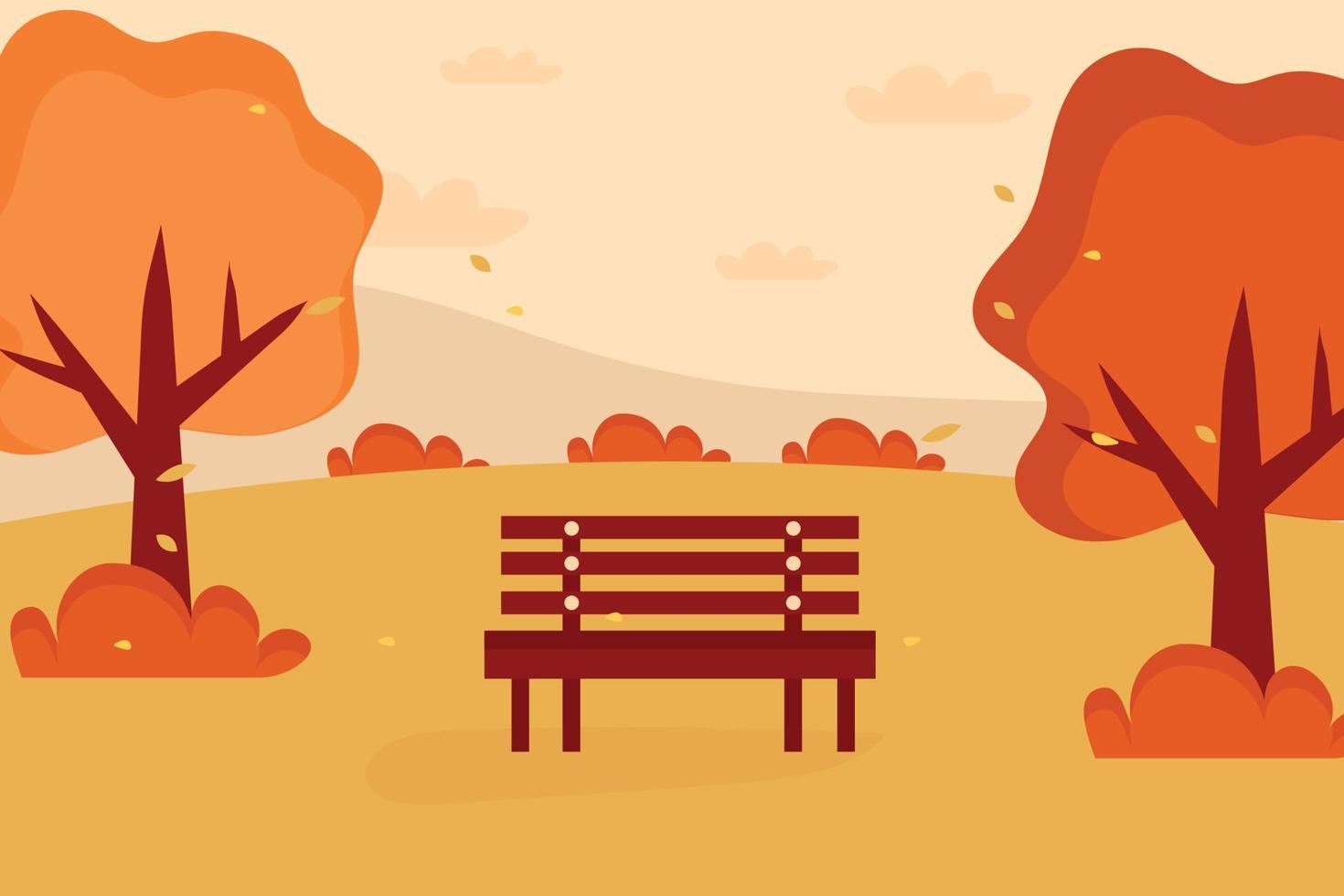 Flat autumn background, landscape with a bench. Vector illustration