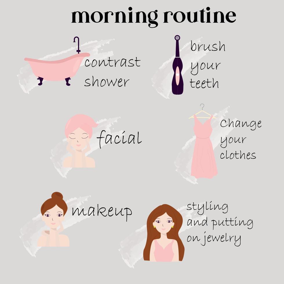 Morning routine. How to get ready in the morning. A girl's morning. How to clean up. Makeup. Washing. Infographics vector