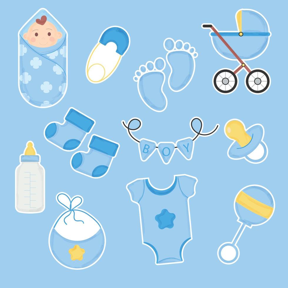 Set of baby shower stickers for a boy. Vector illustration