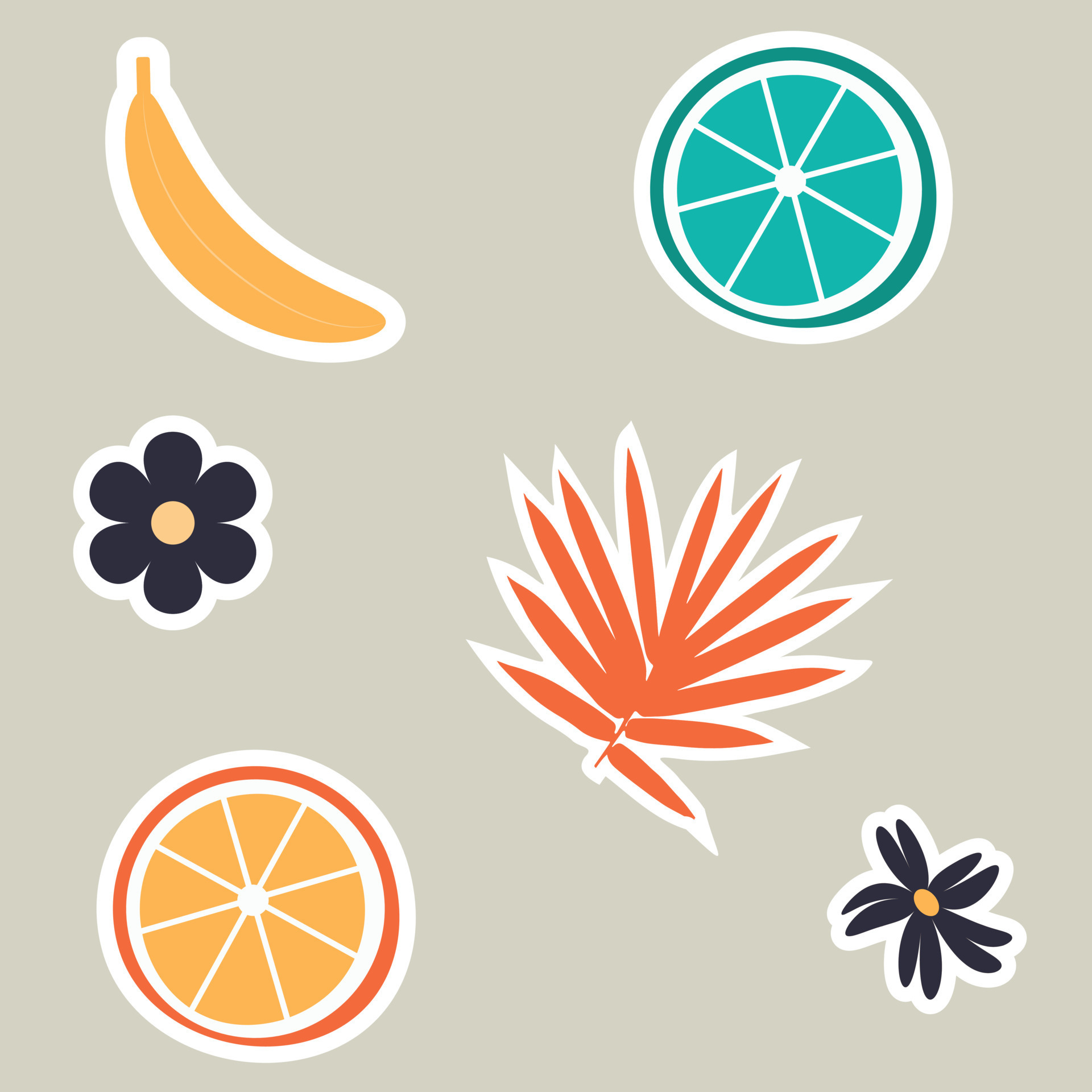 Fruit stickers. Banana and lime, tropical leaf. A set of summer stickers. 13461524 Vector Art at