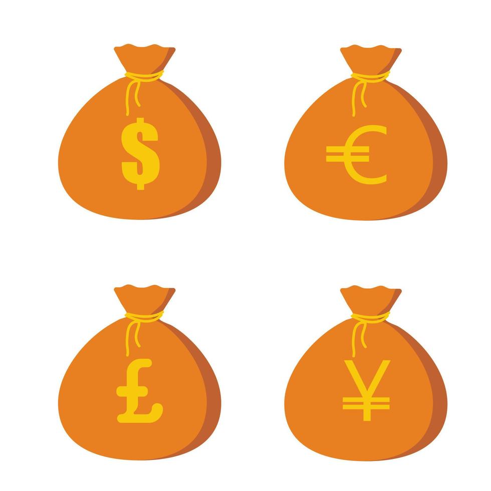 bolsa de dinero con dólar de oro, euro, yen, libra. imagen vectorial, aislada en fondo blanco vector