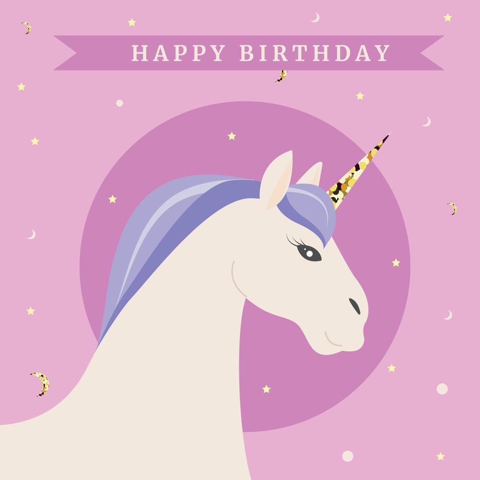 tarjeta de cumpleaños de unicornio blanco con cuerno en un fondo rosa vector