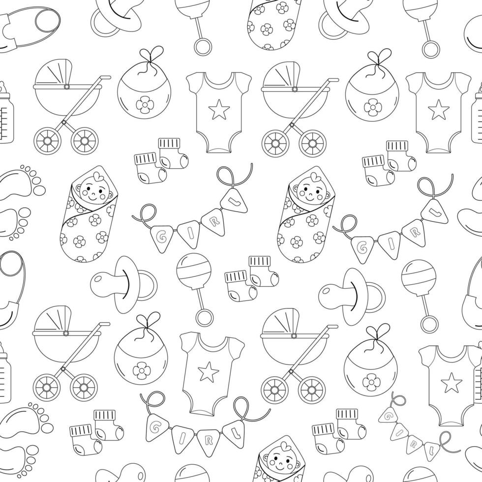 Seamless outline of a baby shower pattern for a girl. Vector illustration