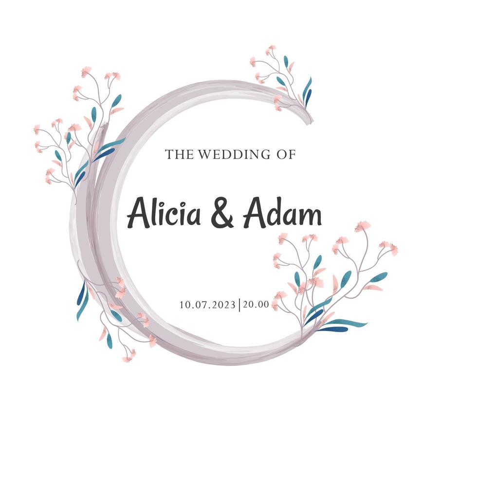 Watercolor style wedding invitation in the form of the moon with flowers. Vector illustration