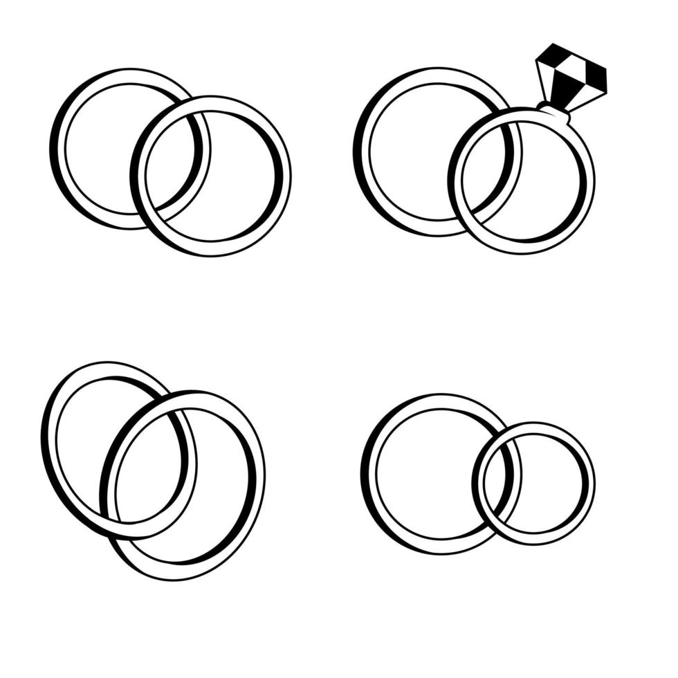 un conjunto de diferentes anillos de compromiso lindos vectoriales en blanco y negro. anillo aislado sobre fondo blanco vector