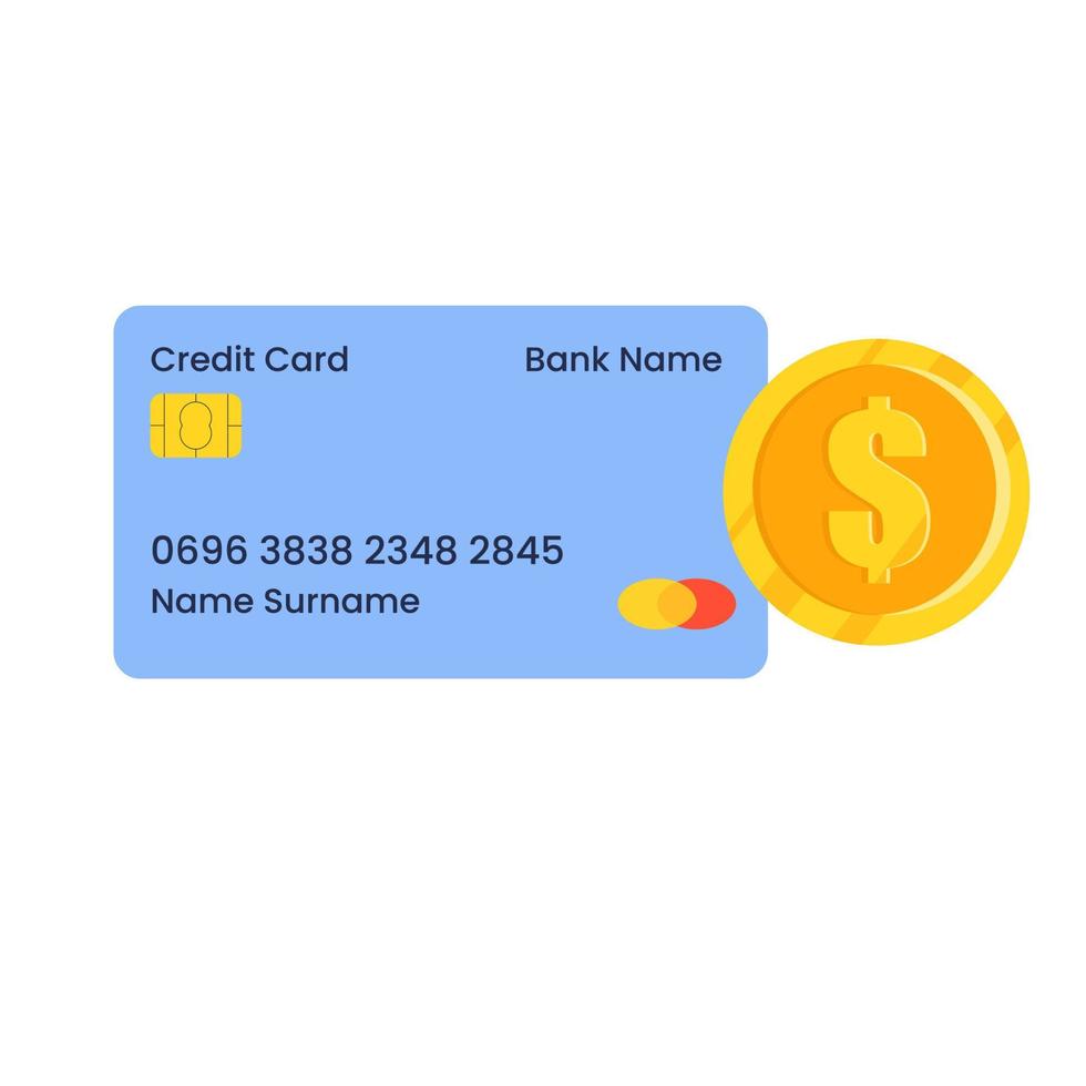 A credit card with a dollar coin. Credit card payment, business concept. Vector flat illustration.