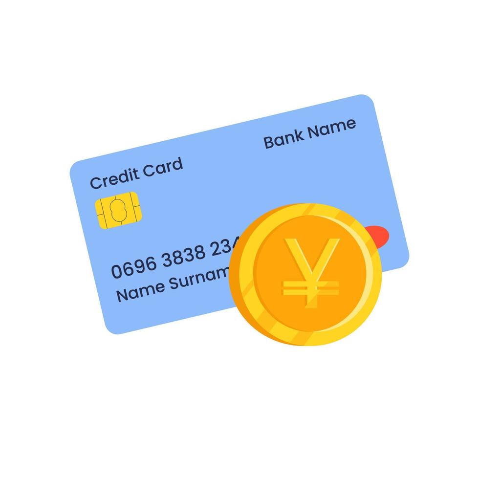 A credit card with a yen coin. Credit card payment, business concept. Vector flat illustration.