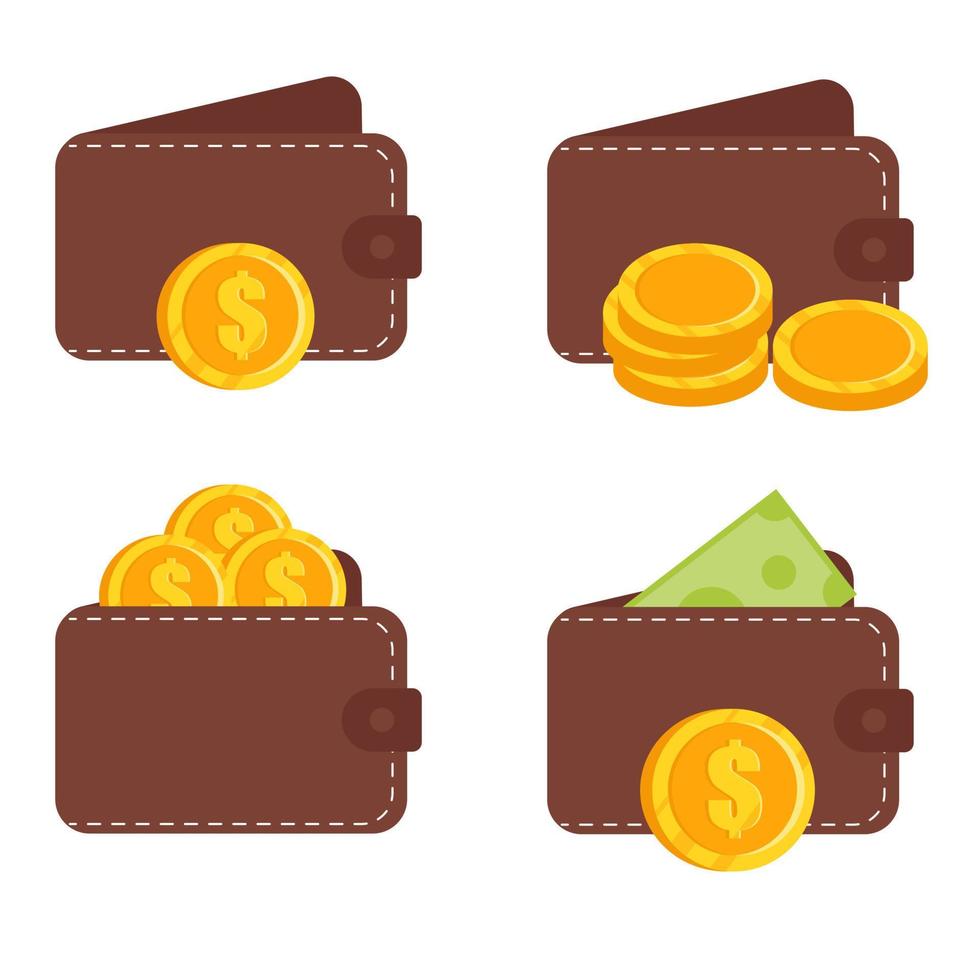 Leather wallet with coins and money. Isolated on white background. Vector illustration.