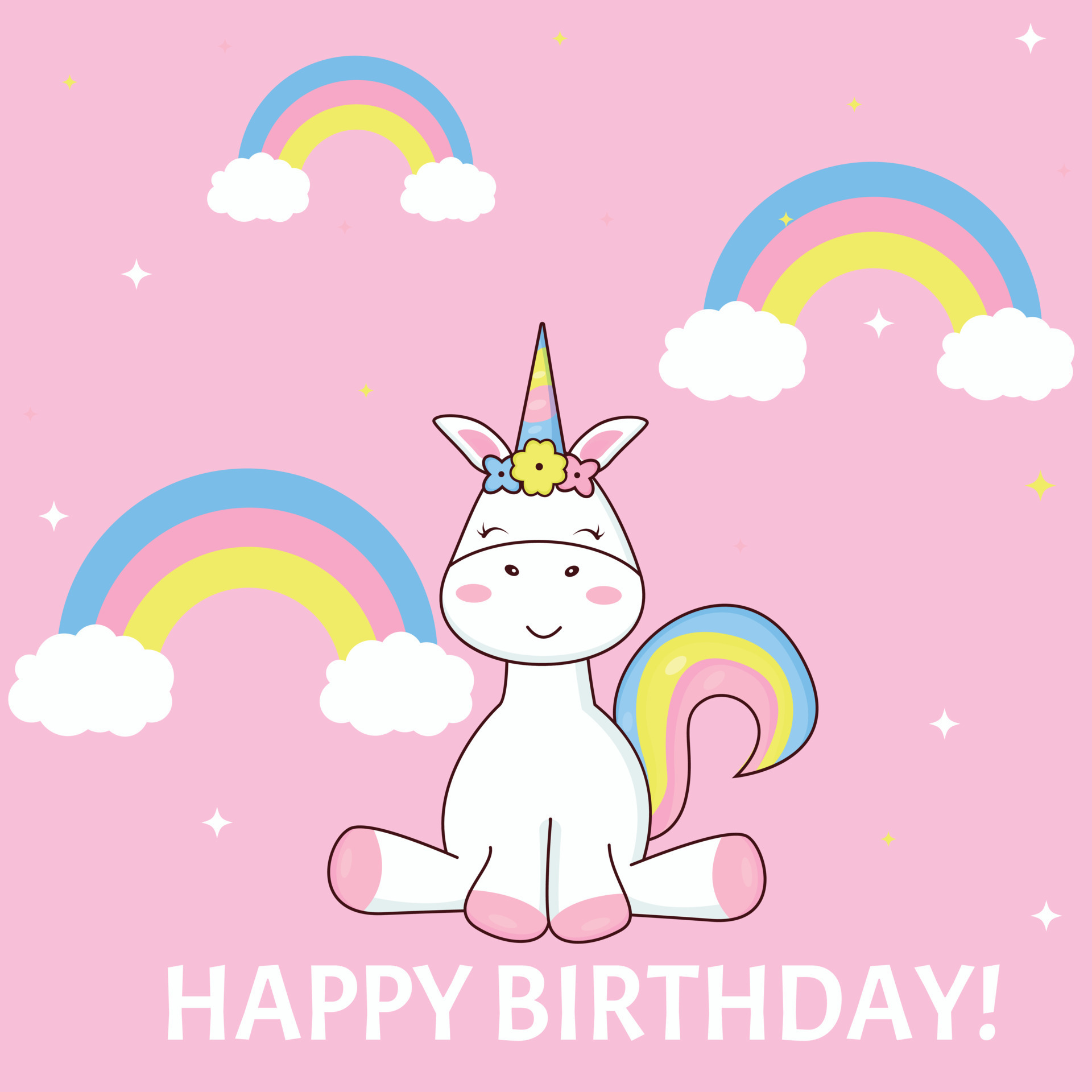 Unicorn birthday card on a pink background with rainbows and clouds