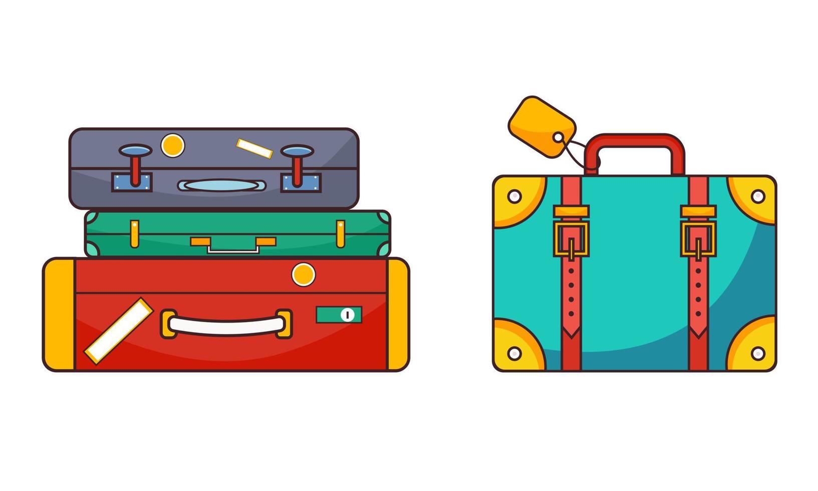 Set of a stack of different luggage and a cartoon suitcase for travel. Isolated on white background. Vector illustration.