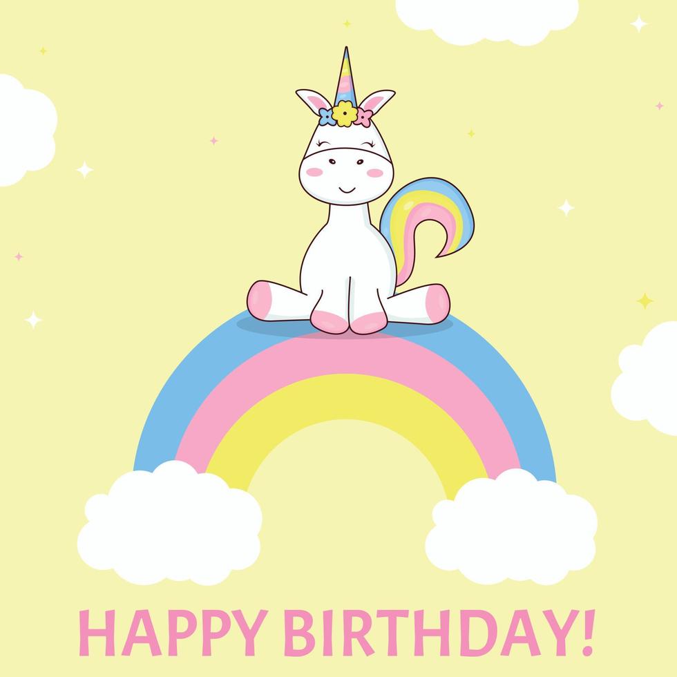 Unicorn birthday card with yellow background. Unicorn sitting on a rainbow vector