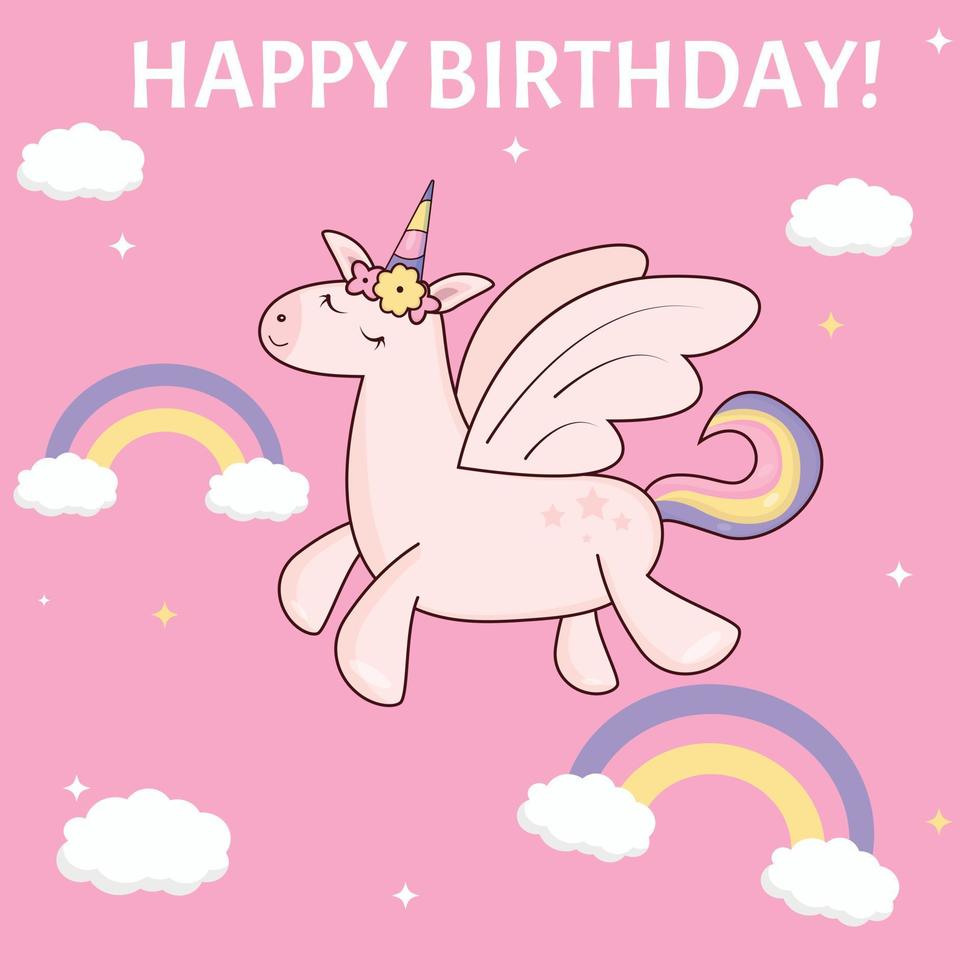 tarjeta de cumpleaños unicornio con alas volando a través del arco iris vector