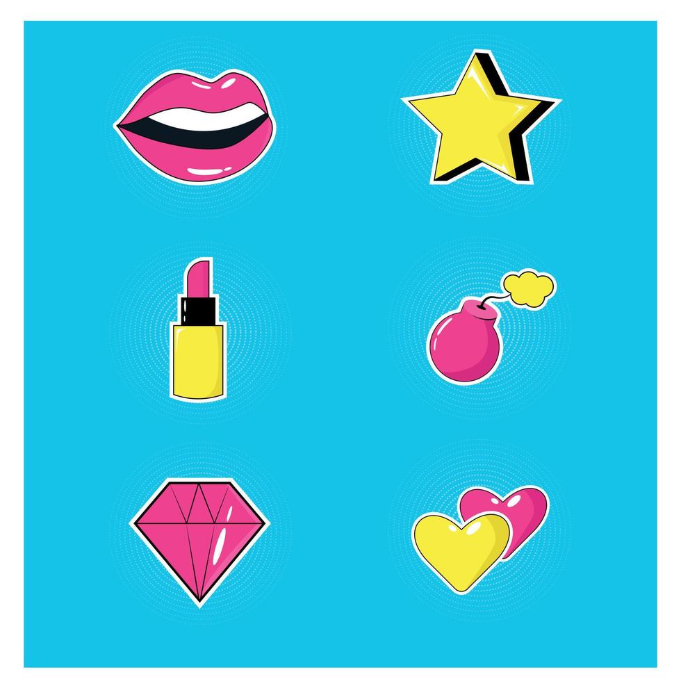Pop art stickers. Lips, lipstick, ruby, bomb, heart, star. Background.  Vintage vector