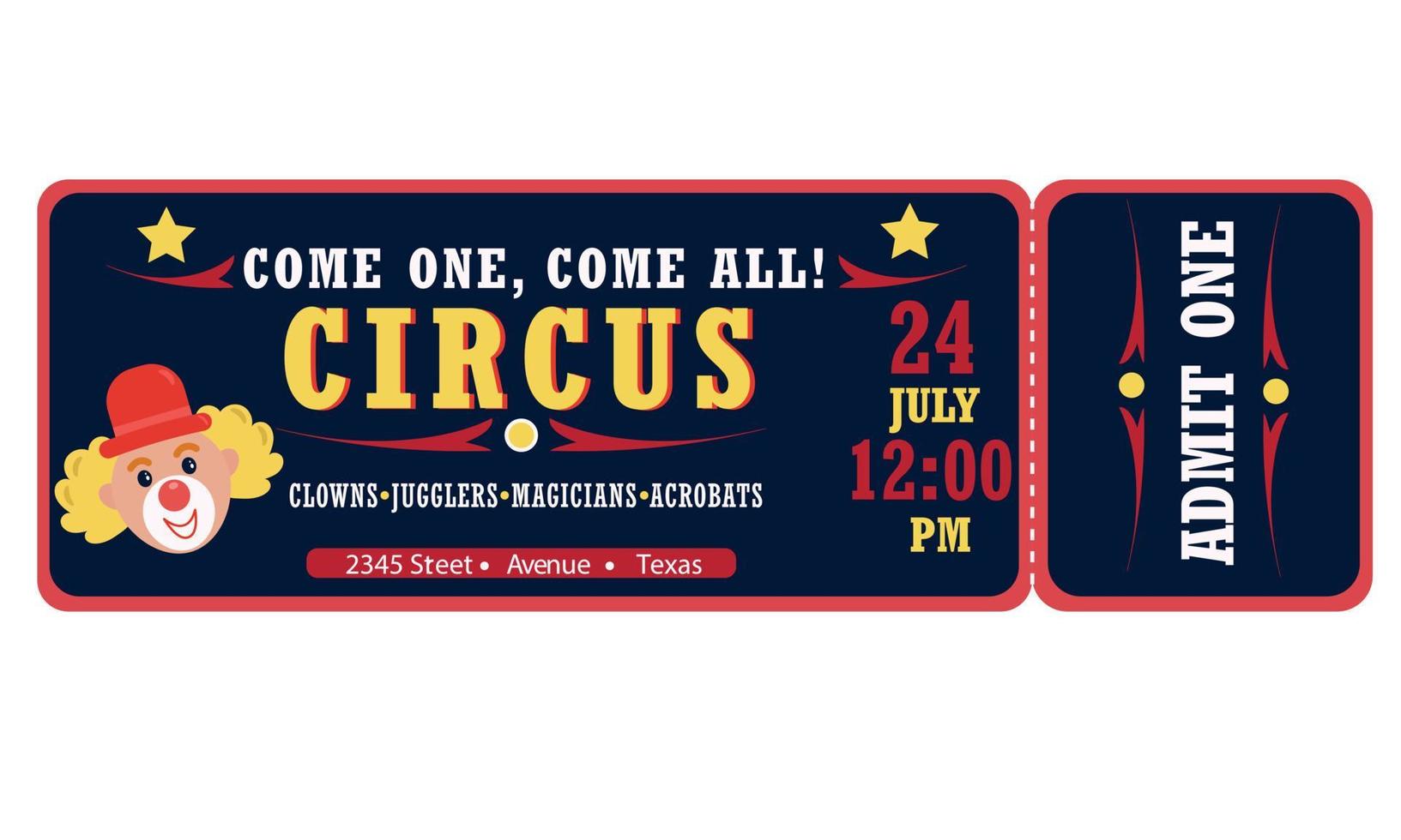 Circus ticket. Blue background. Clowns jugglers magicians acrobats. vector