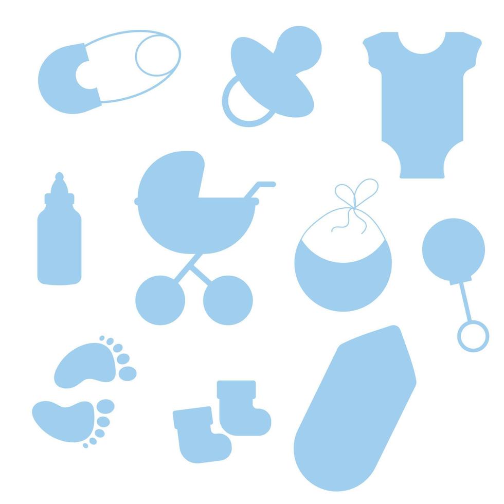 Set of blue elements silhouettes for baby shower for a boy. Vector illustration